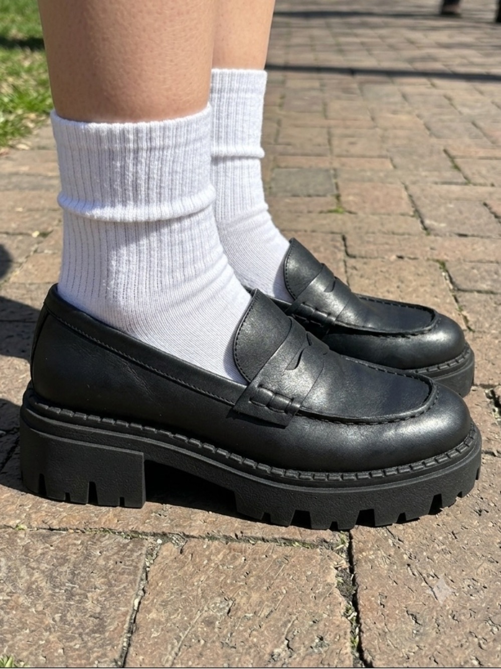 Free People Lyra Black Leather Lug Sole Chunky Block Heel Platform Loafers 39⁠